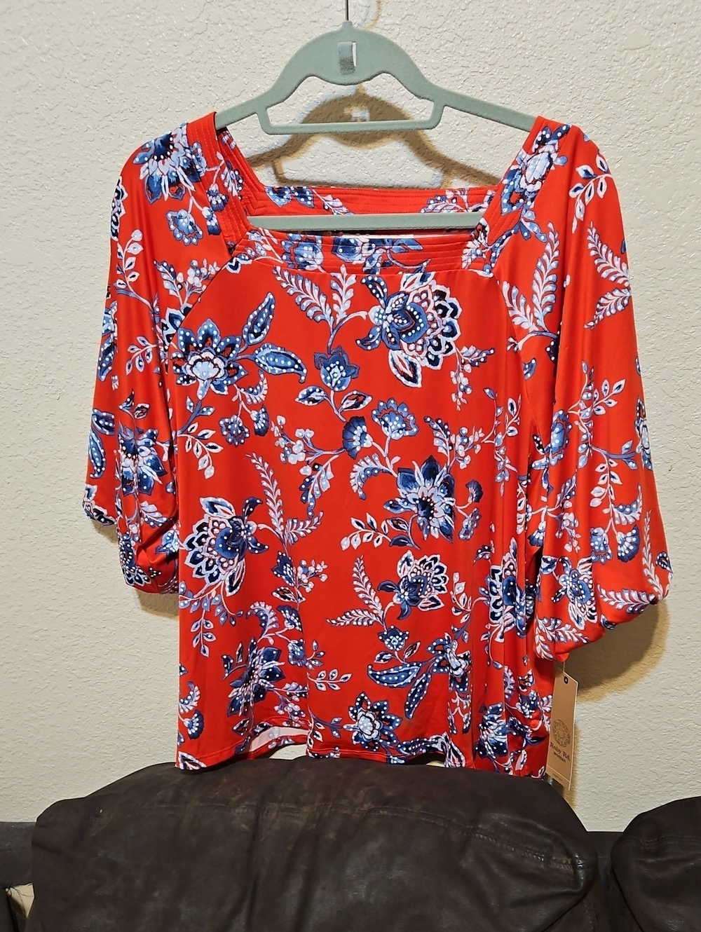 Ruby Rd. Red Floral Square-Neck Tunic with Blue Accents